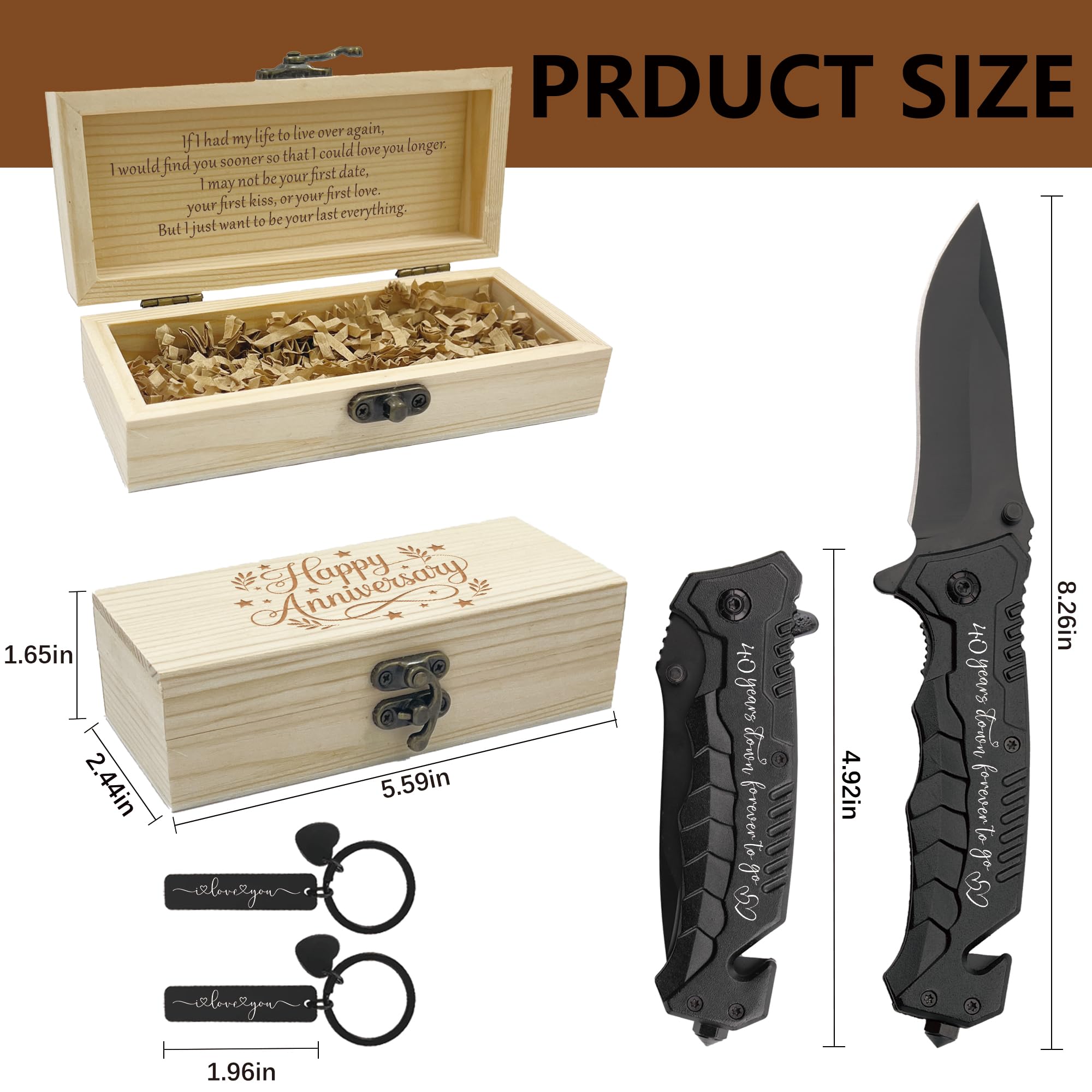 40 Years Wedding Anniversary Keepsake Him, 40th Ruby Anniversary Present for Husband, 40 Years Marriage Men Gift Idea, Engraved Pocket Knife with Wood Box, Hunting, Camping, Fishing, Folding Knives