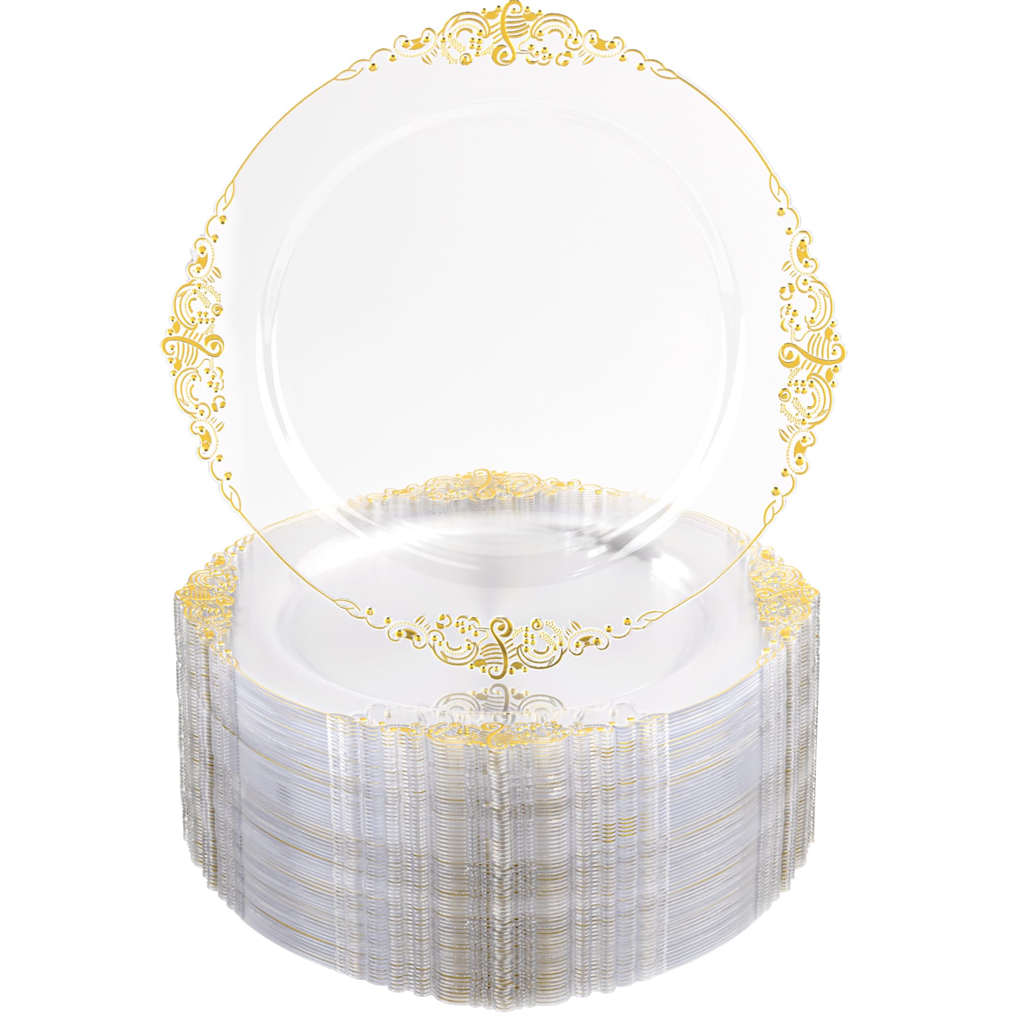 Photo 1 of Nervure 100PCS Clear and Gold Plastic Plates - 7.5inch Clear Disposable Plates - Heavyweight Gold Plastic Plate - Dessert Plate for Wedding & Party