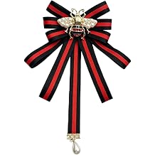 Vintage Bee Bowtie Red and Black Striped Ribbon Bow Brooch Pin Elegant Pre-Tied Bowknot Collar Jewelry for Women Classic British Academy Style