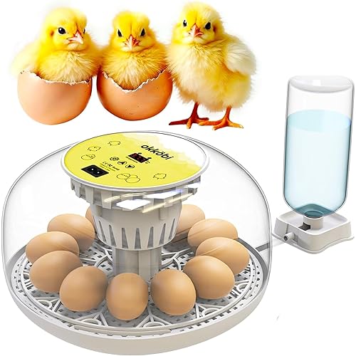 Okkobi M12 Egg Incubator with Automatic Turner and Humidity Control - 12/24 Eggs, 360° View, Easy to Use and Clean - Incubadora de Huevos de Gallina - Incubators for Hatching - White & Yellow