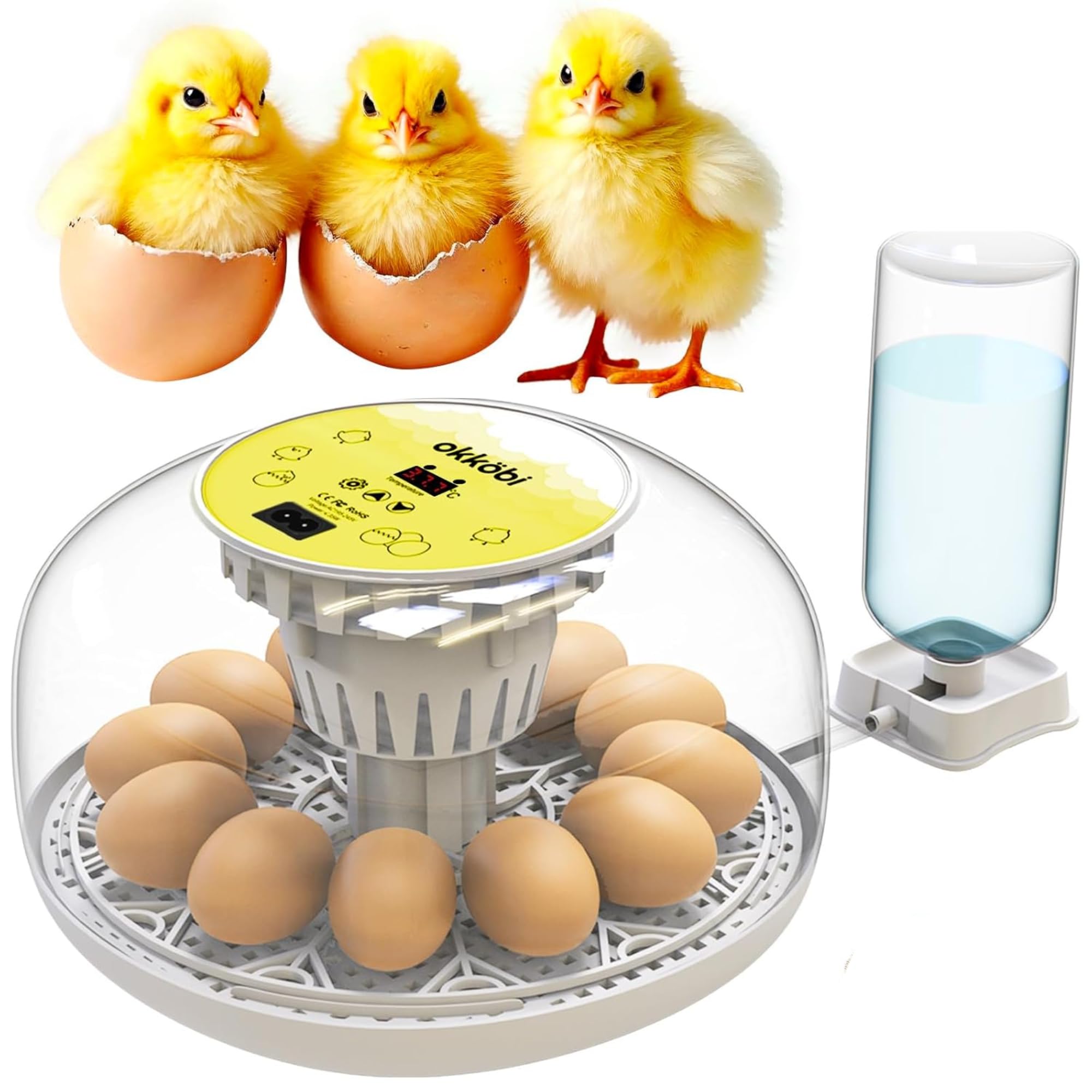 M12 - Incubatrice Uova Gallina, Facile da Usare e Pulire, Vista a 360 | Automatica con Girauova Automatico e Controllo Umidità, Precisi della Temperatura, Versatile e Spaziosa - Bianco e Giallo