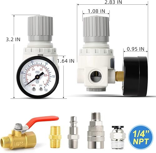 Miniatura 2 de MEANLIN MEASURE Regulador de compresor de aire NPT de 14 pulgadas con manómetro, regulador de calibre de aire AR2000 de 0-150 PSI en línea para