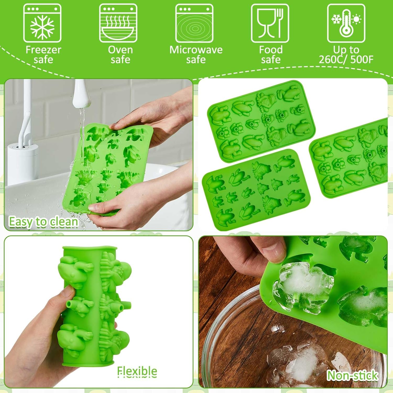 Tessco for You Frog Silicone Mold, Nonstick Chocolate Molds for Gummies, Jelly, Ice Cubes, Fondant, Soap, Ten Plagues Silicone Tray for Parties and Desserts(Green,2 Pcs)