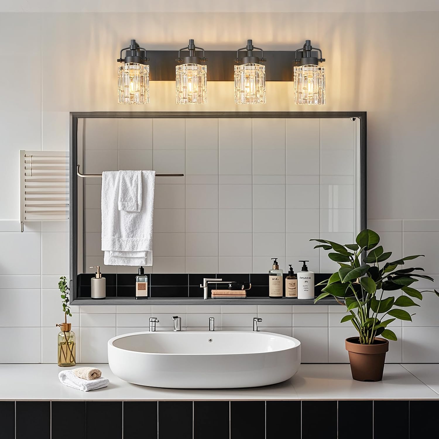 4 Light Crystal Glass Vanity Light, Black Bathroom Lighting Fixtures Over Mirror Modern Bath Wall Sconce Lighting for Bedroom Living Room
