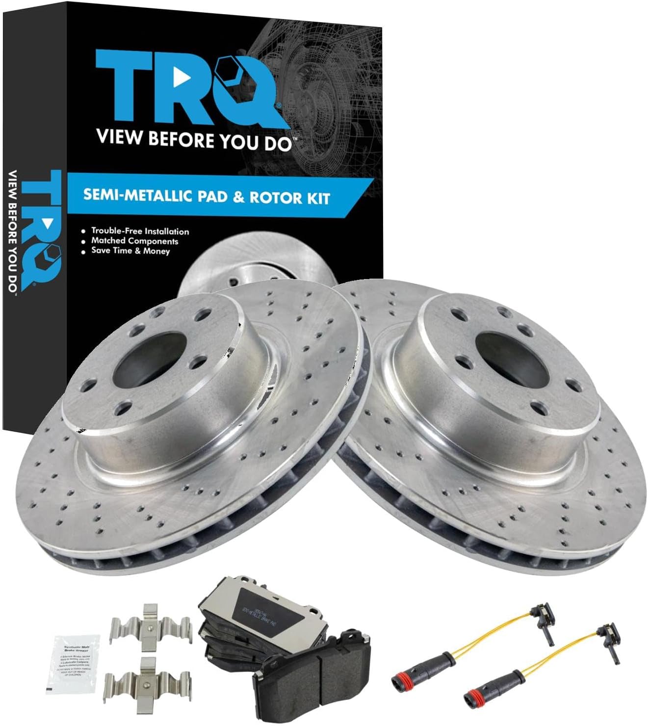 TRQ Front Brake Pad and Rotor Set Semi Metallic Vented Rotors Wear Sensor Compatible with 2003-2006 Mercedes-Benz S430 S500 CL500