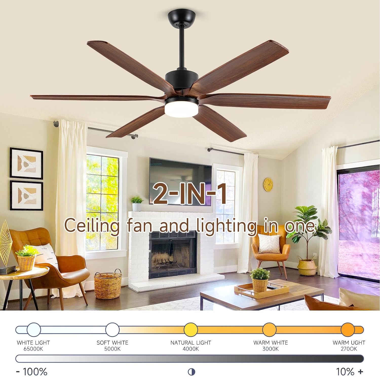 60 Inch Ceiling Fan with Light and Remote, Indoor Outdoor Ceiling Fans for Patios, Modern Large Airflow Ceiling Fan with 6 Wood Blades & Reversible DC Motor for Farmhouse Patio Living Room, 8H Timer