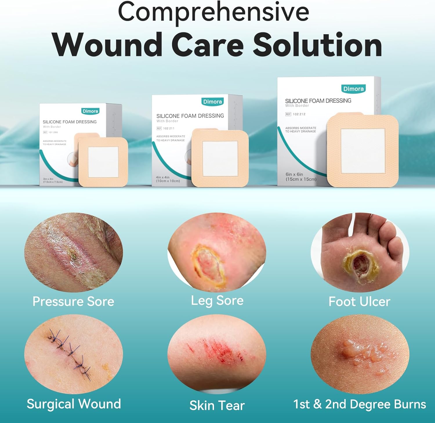 Dimora Silicone Foam Dressing with Border Adhesive 6"x6" Waterproof Wound Dressing Bandage for Wound Care 5 Pack…