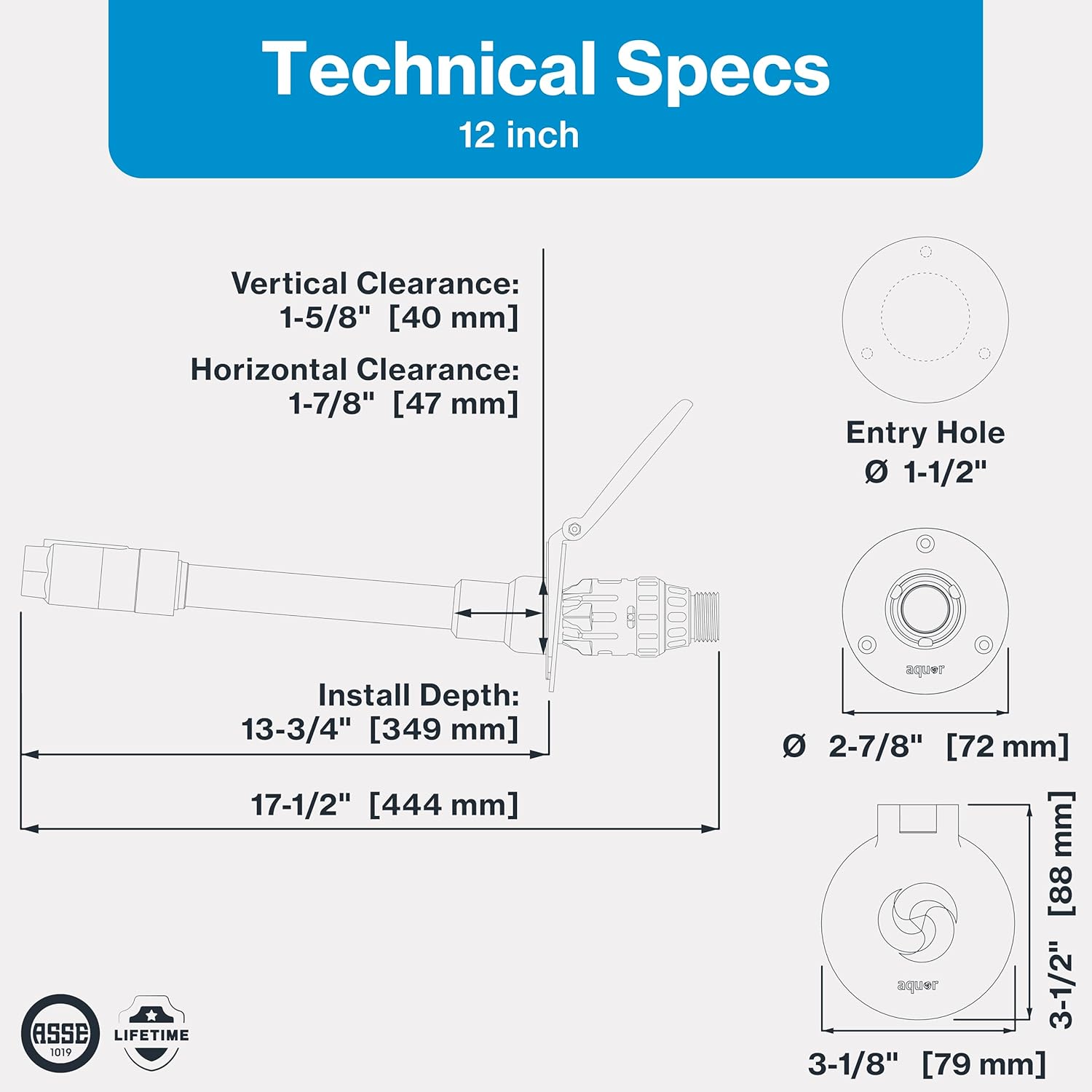 Aquor House Hydrant V1+ Frost Free Outdoor Faucet, Anti Siphon Valve with Quick Connect, Frost Proof Flush Wall Hose Bib, 12 inch Stem, 13-3/4 inch Install Depth, Slate Gray