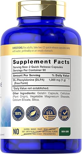 Miniatura 2 de Carlyle DL-fenilalanina  1000 mg  180 cápsulas  Fórmula sin OMG y sin gluten  Suplemento de forma libre de DLPA