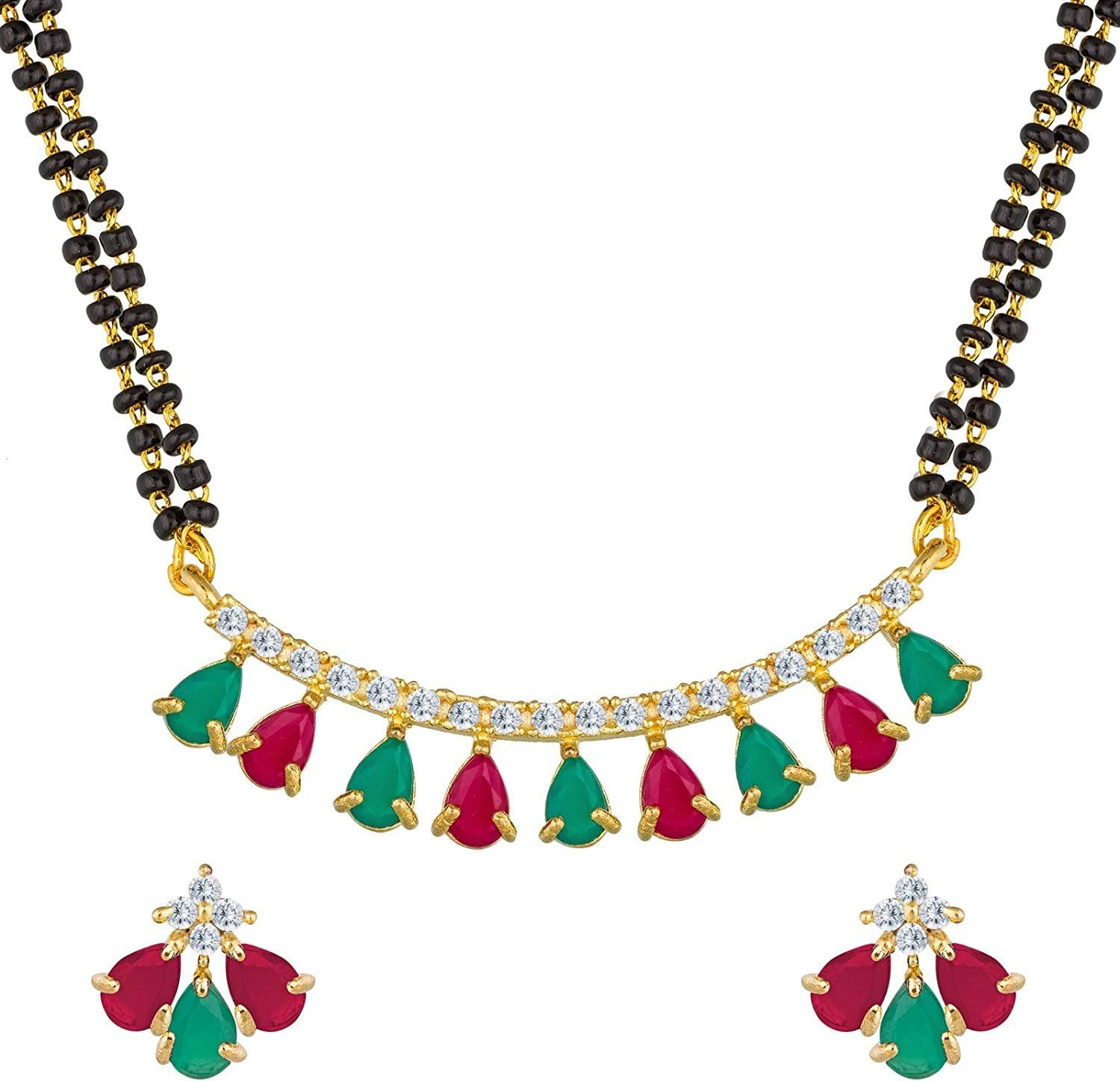 Darshini DesignsAlloy Traditional Red and Green Ruby Mangalsutra for Women with Double Line 24 Inches Long Black Beaded Chain