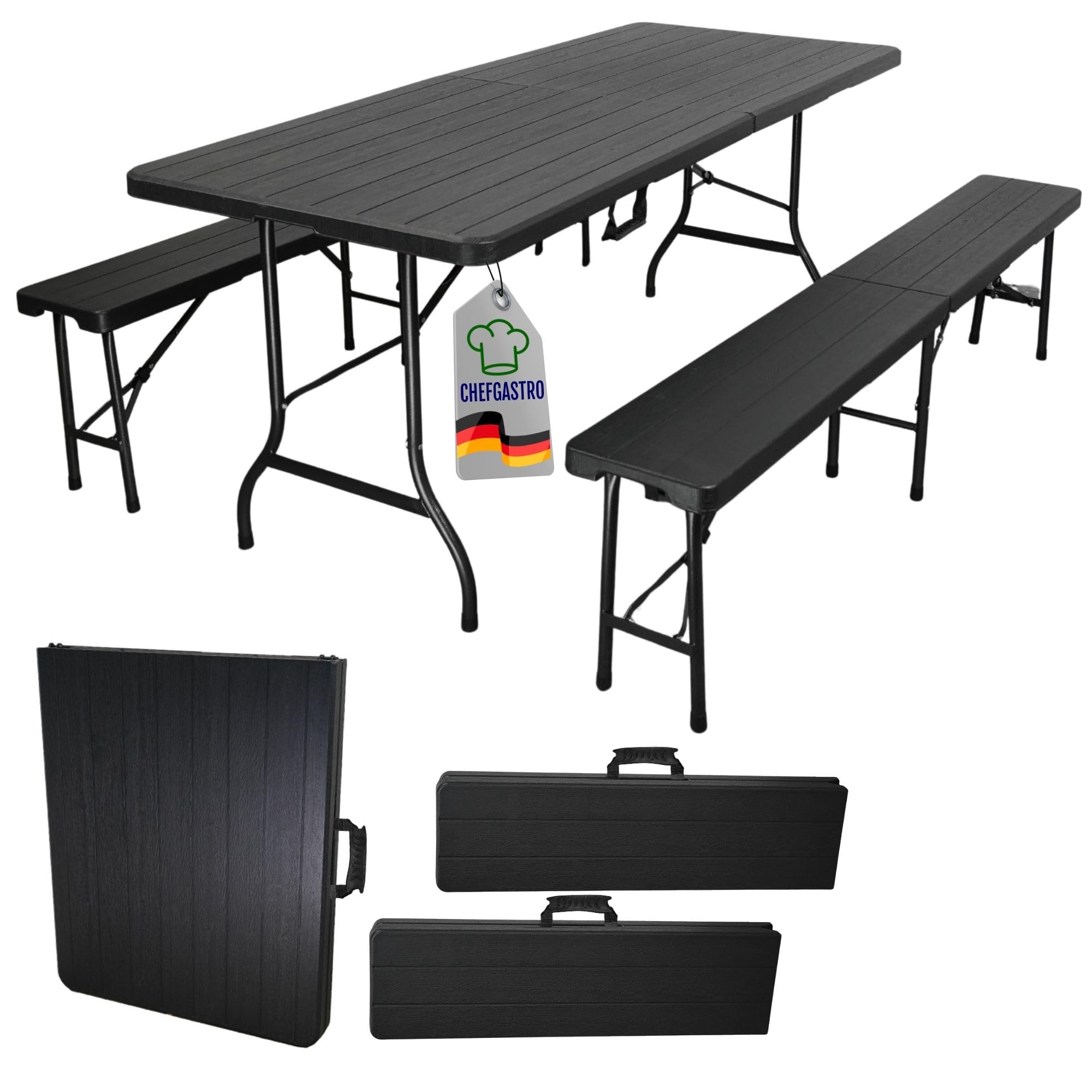 CHEFGASTRO Bierzeltgarnitur klappbar 180cm breit 3-teilig 1x Buffettisch 2X Bierbänke mit Tragegriffe Holz Optik Kunststoff wetterfest Gartenmöbel-Set Gartengarnitur Camping Klapptisch Gartentisch