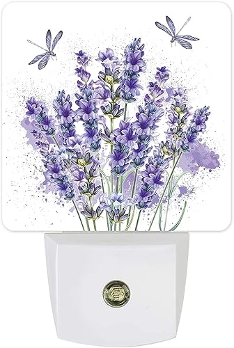 Miniatura 4 de Luces LED de noche de lavanda enchufables con sensor automático de atardecer a amanecer, brillo ajustable, libélula, luz nocturna regulable para