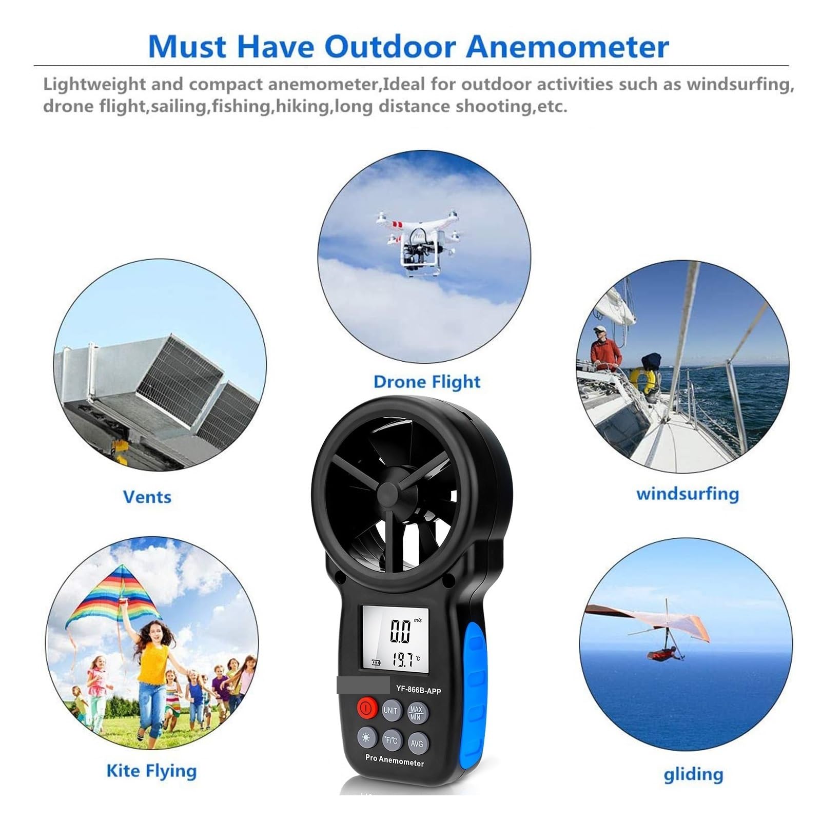 Medidor de flujo digital Anemómetro Digital 866A/866B/866B-APP, medidor de velocidad del viento, mide la temperatura del viento y el flujo del viento con retención de datos y USB para agua diesel quer