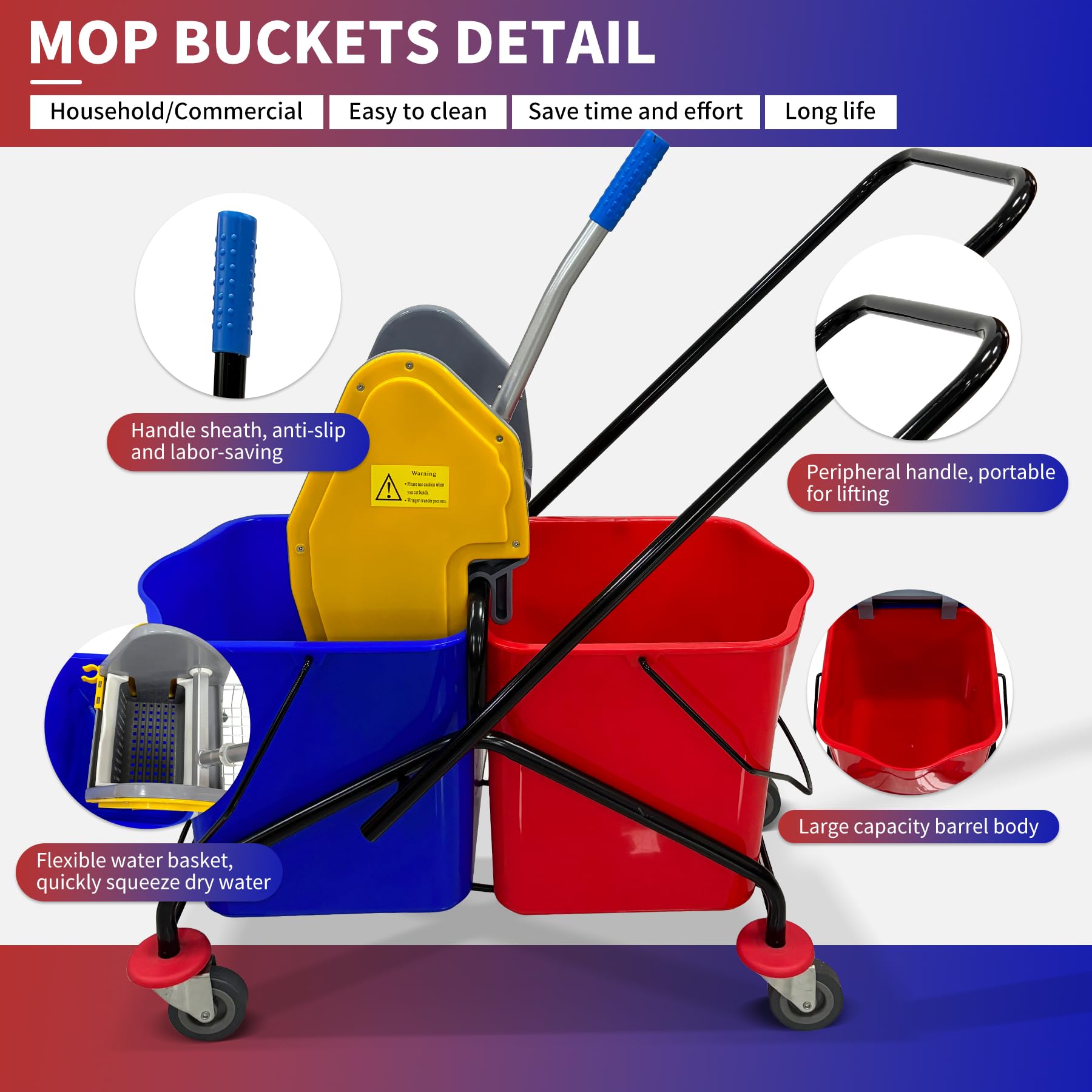 Carrito comercial de doble cubo con escurridor, cubo de 50 L con ruedas, juego de fregona giratoria y cubo para hoteles, oficinas y limpieza del hogar (22 cuartos de galón x 2)
