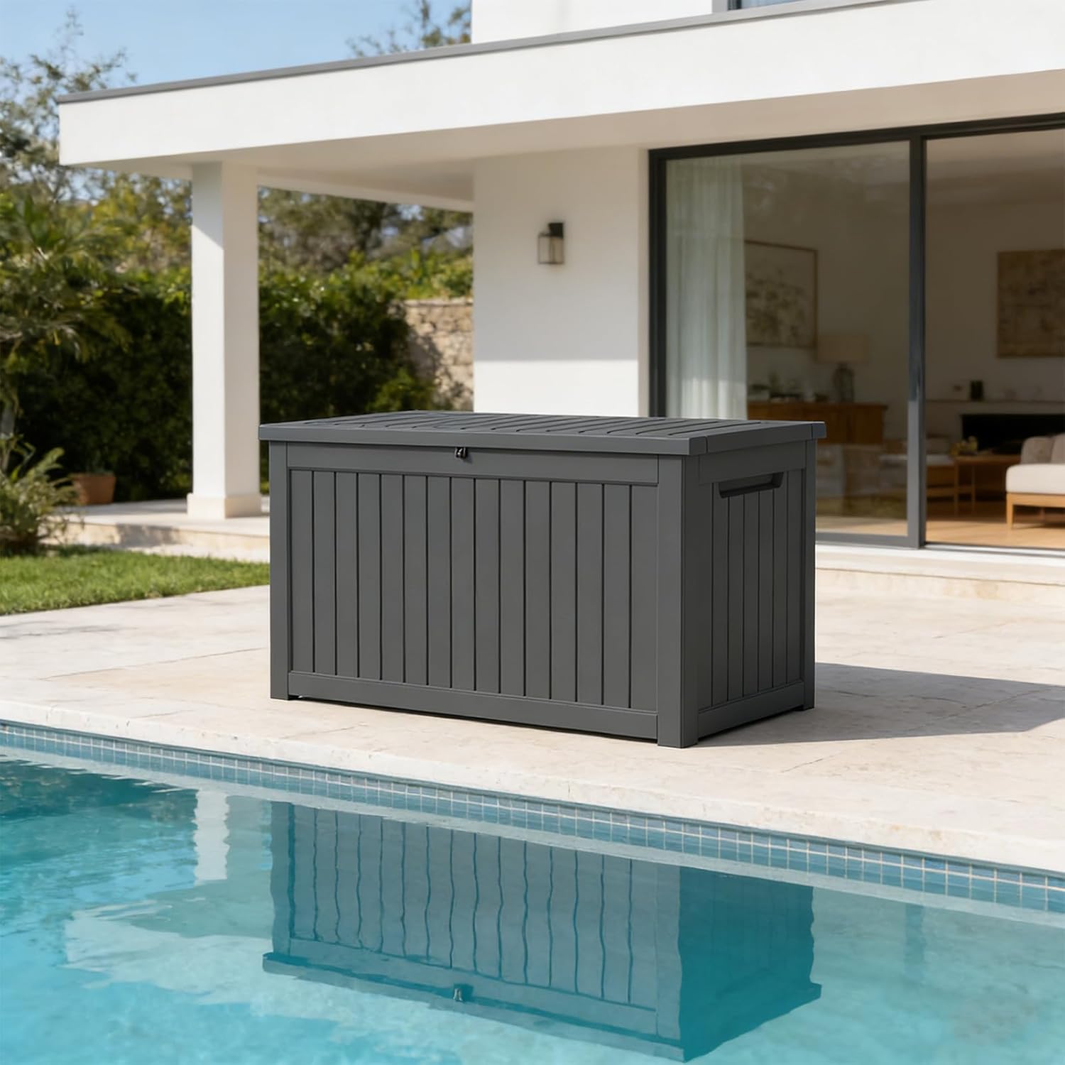 230 Gallon Outdoor Deck Storage Box with Soft Close Hydraulic Lid, Weatherproof Resin Construction, Lockable Patio Organizer for Furniture Cushions and Garden Supplies, Black