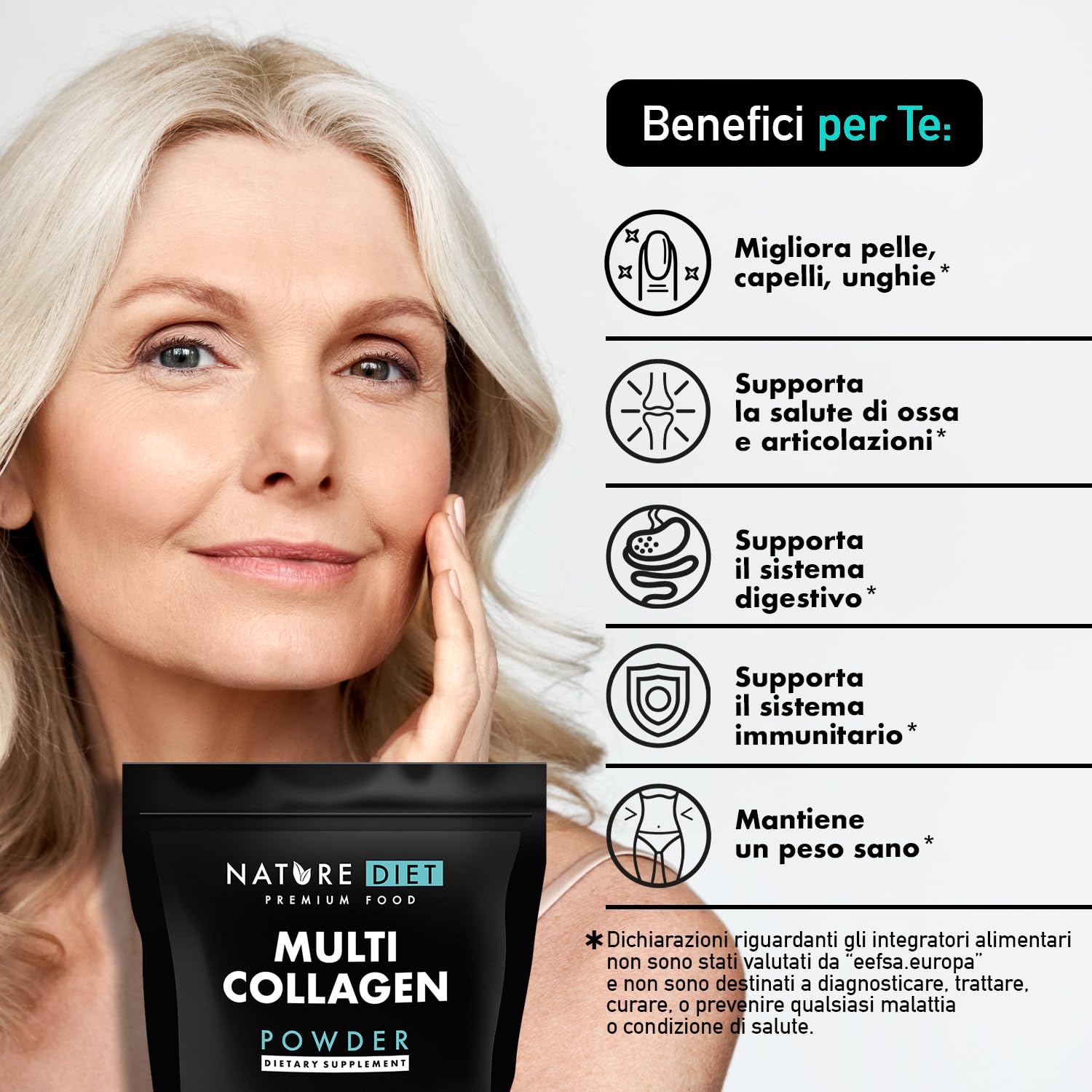Nature Diet Multi Collagene in Polvere, Non Aromatizzato, 400 g | Idrolizzato Collagene Peptidico di Tipo: I, II, III, V e X, Integratore, Altamente Biodisponibile, Collageno Peptide