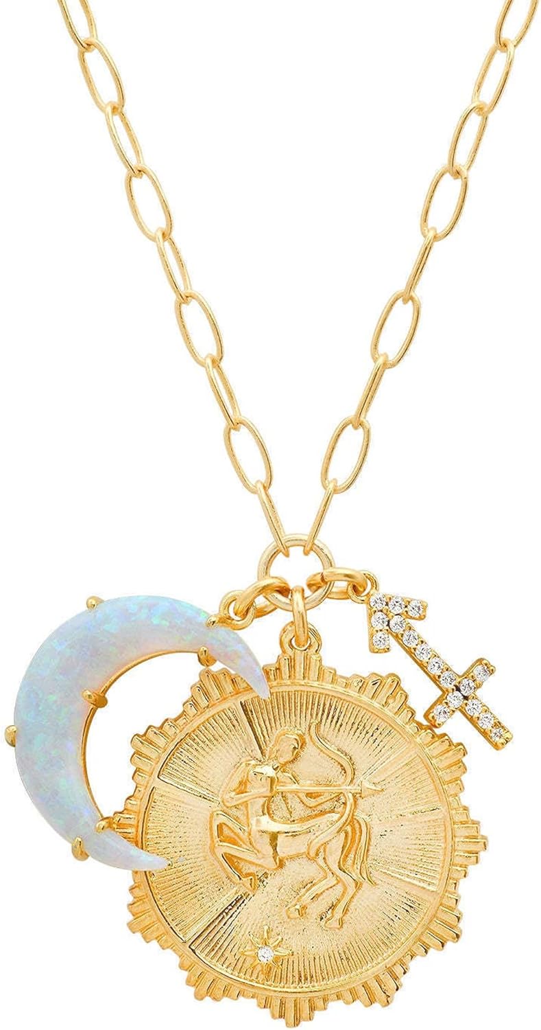 Dainty Gold Zodiac Embossed Coin Opal Crescent Moon Charm Necklace for Women Trendy 18K Gold Plated Retro Paperclip Chain 12 Constellation Horoscope Necklaces Astrology Jewelry Gifts