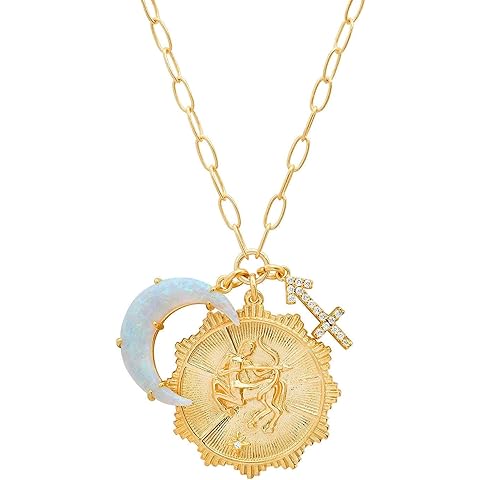 Lanadale Dainty Gold Zodiac Embossed Coin Opal Crescent Moon Charm Necklace for Women Trendy 18K Gold Plated Retro Paperclip Chain 12 Constellation Horoscope Necklaces Astrology Jewelry Gifts