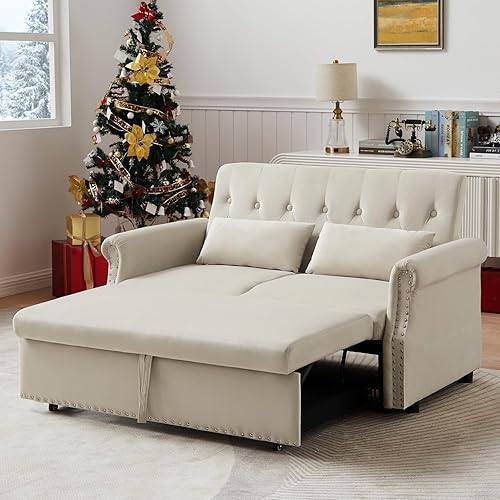 HABITRIO Sofá modular con cama extraíble madera maciza y piel sintética beige sofá tapizado de 2 asientos y diván de almacenamiento reversible 2