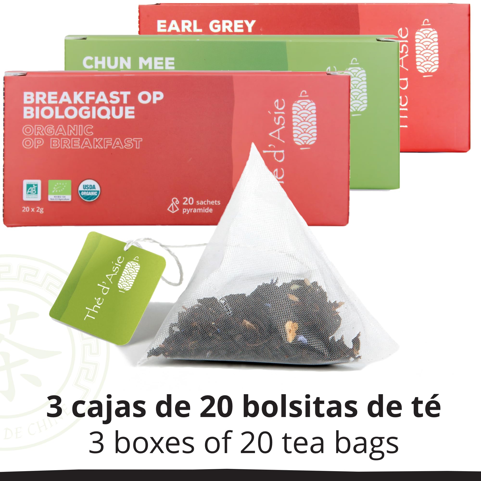 Set de 3 Tés Desayuno - Earl Grey, Chun Mee & Breakfast OP - 3 x 20 Bolsitas de Té Orgánicos - Caja de Regalo