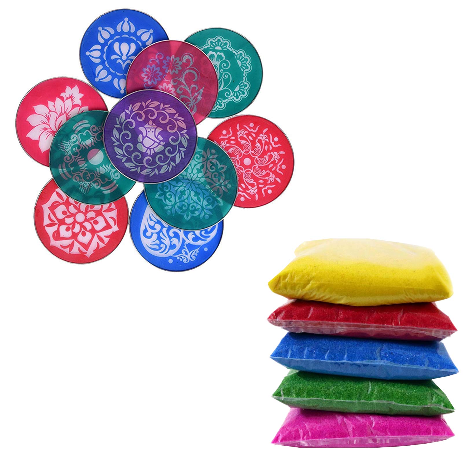 Ascension ® Design Diwali Floor Rangoli Art 5 Multicolour Rangoli Powder 80g Each Pack with 4" 10 Stencils Ceramic Colours Rangoli Colours Rangoli Making Kit for Navratri Pongal Pooja Mandir-image-18