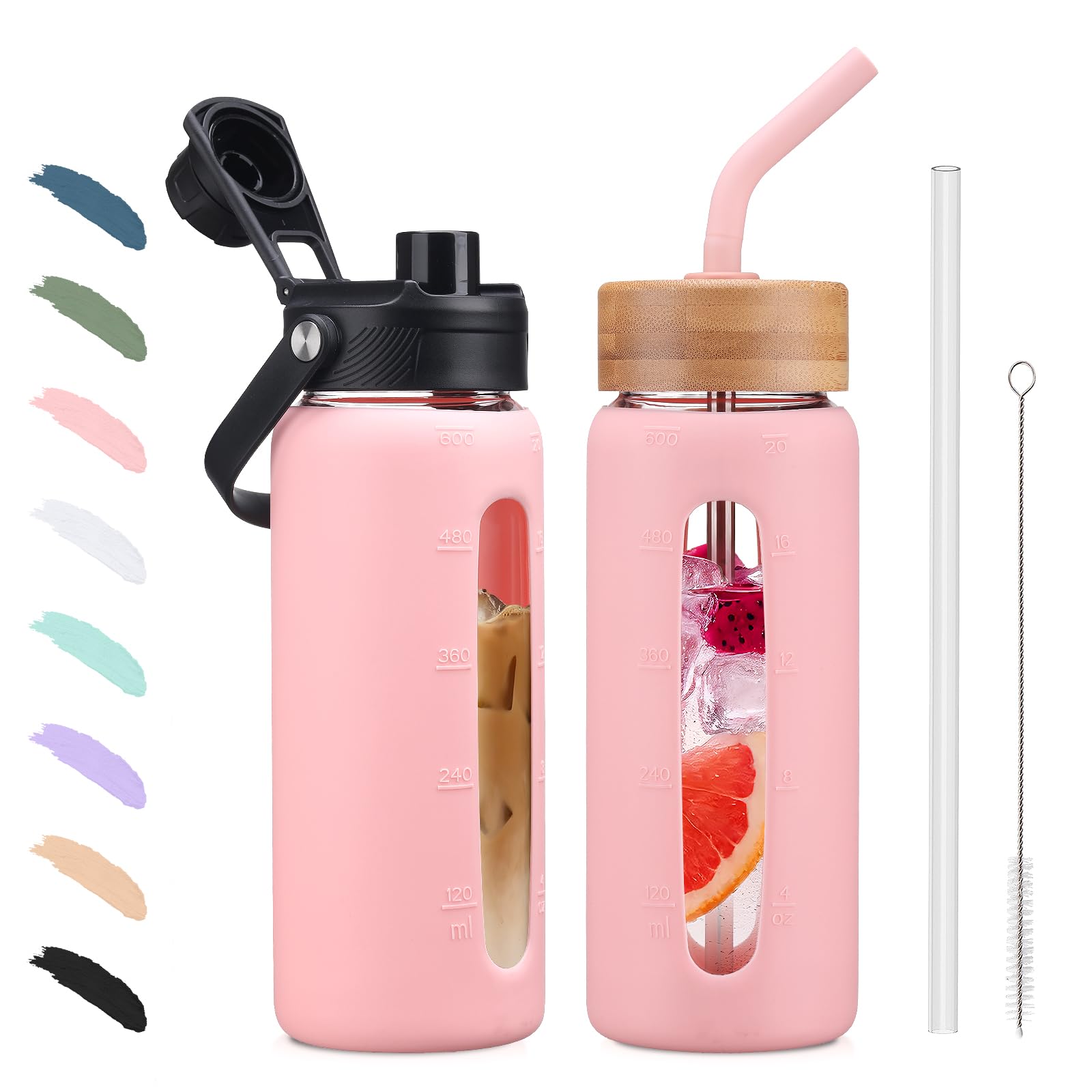 BLUEGO Borraccia in vetro da 600ml con cannuccia e 2 coperchi, tazza da caffè in vetro con custodia in silicone, senza BPA, Rosa