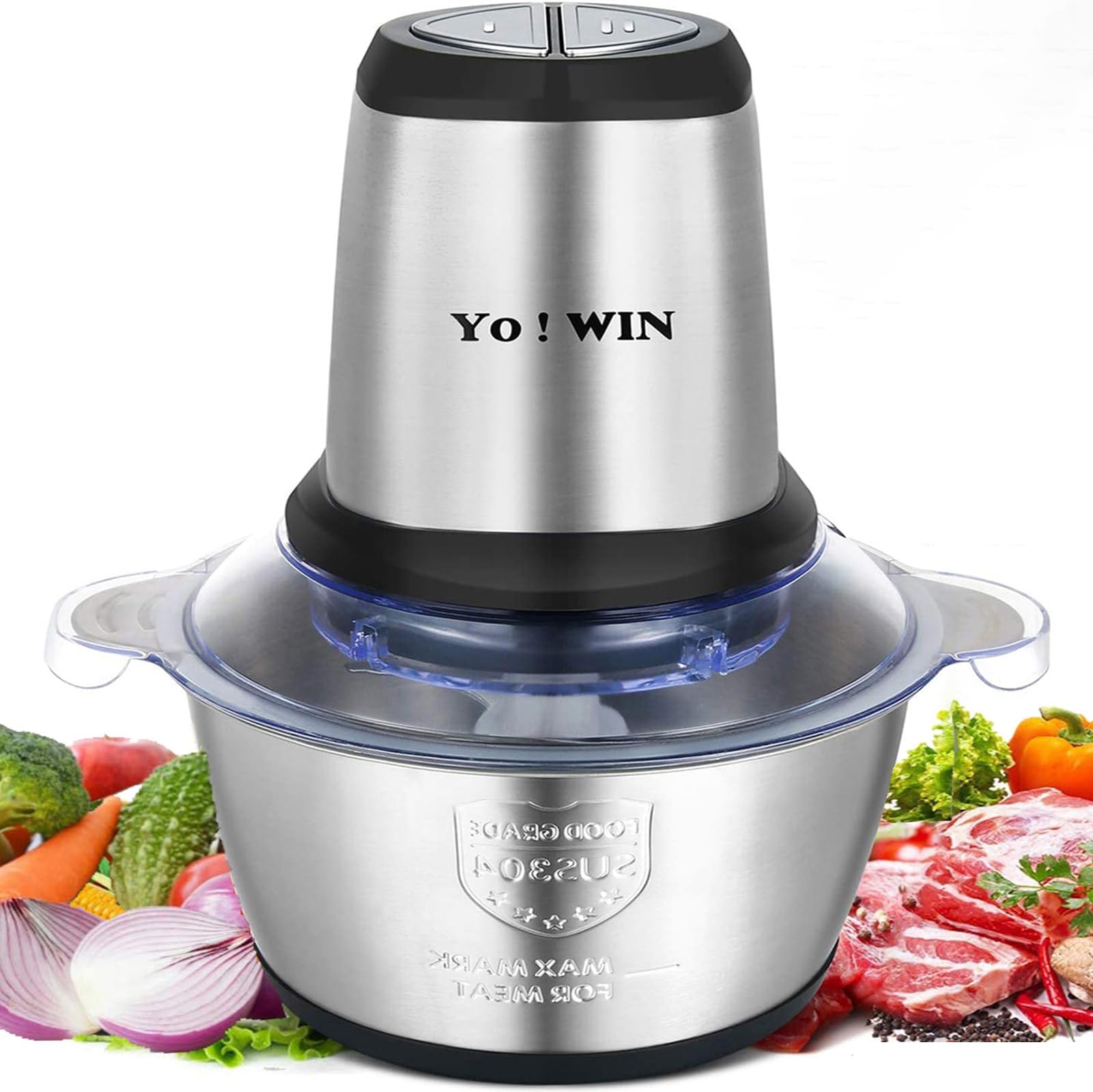 Yowin Food Processor, Electric Chopper with 2L Stainless Steel Bowl, Meat Grinder 2 Speeds Mini Chopper for Vegetables, Fruits and Nuts, Dishwasher Safe, 4 Bi-Level Blades, 350W