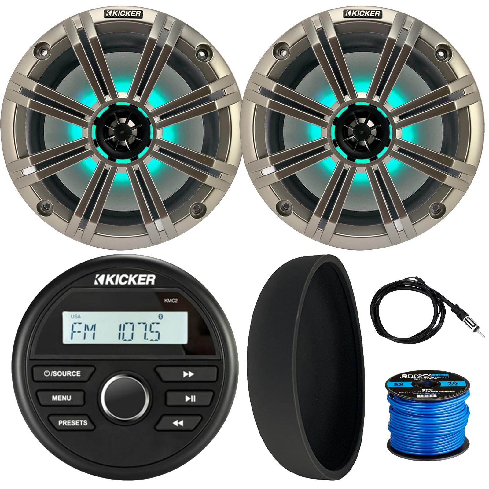Kicker 46KMC2 Marine Bluetooth All-Weather AM/FM USB/AUX Gauge Style Media Center Receiver W/Black Cover, 2X 8 300 Watt Max Power RGB LED Boat Audio Speakers W/Grille, Radio Antenna, Speaker Wire