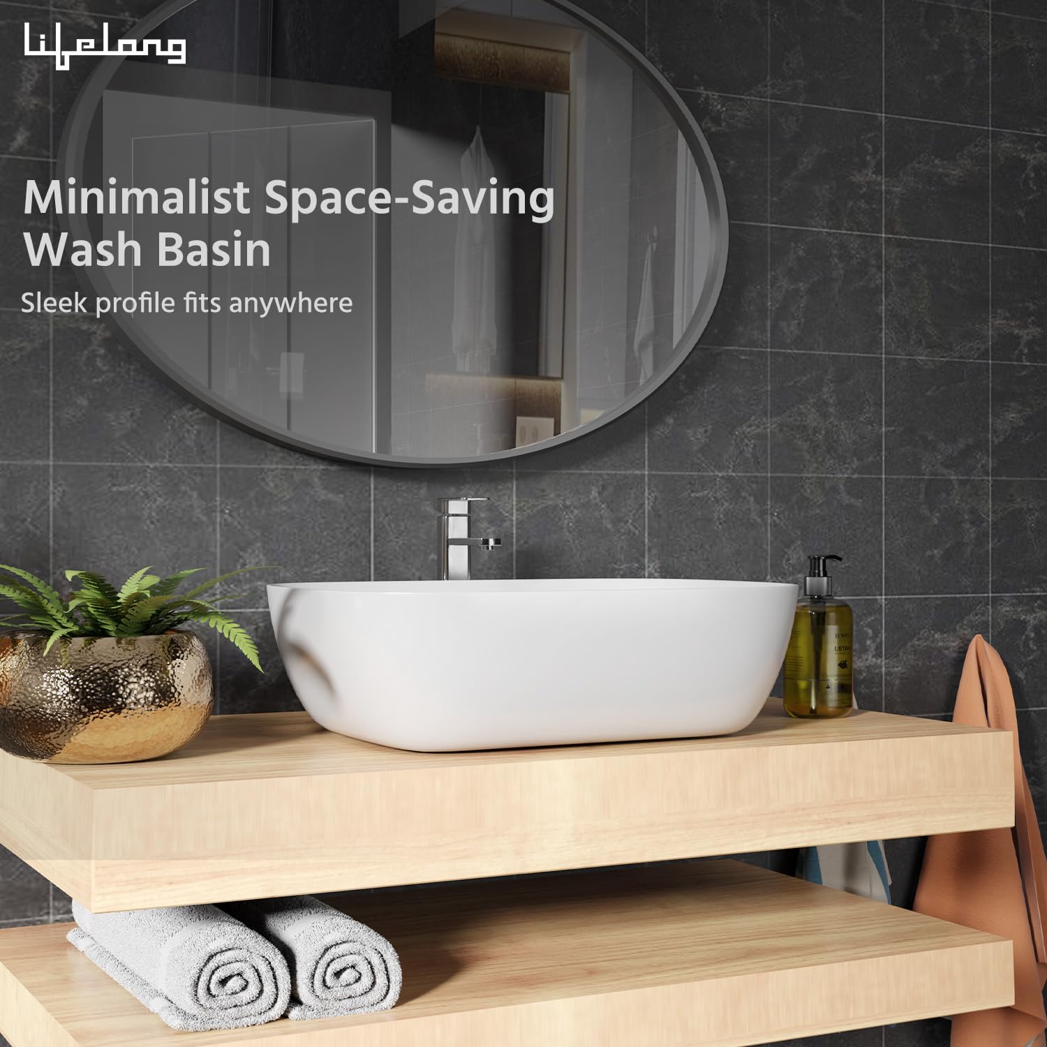 Lifelong Wash Basin for Bathroom - Tabletop Washbasin - Ceramic Glossy Rectangle Countertop Vessel Sink Ideal for Bathroom, Dining Hall & Vanity 33x46x16 cm (White, LLHIPB01)