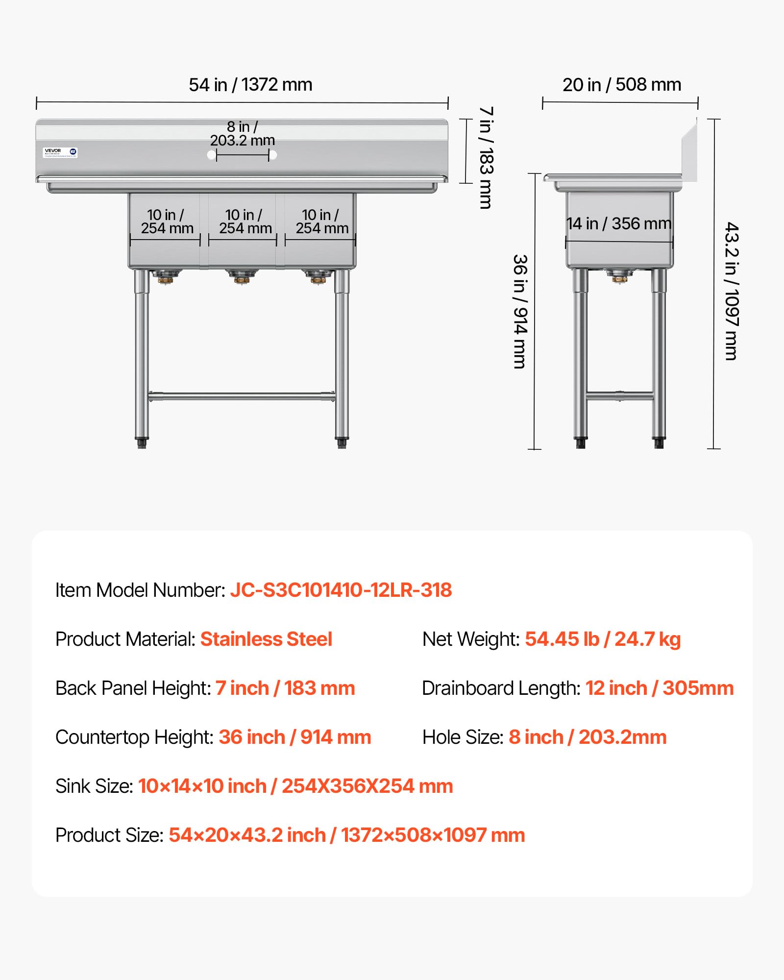 VEVOR Spülbecken mit 3 Becken & 2 Abtropfflächen & Spritzschutz, Küchenspüle (1372 x 508 x 1097 mm), Küchenspüle für Restaurants Imbisswagen Privaten Gebrauch, Edelstahlspüle Silber