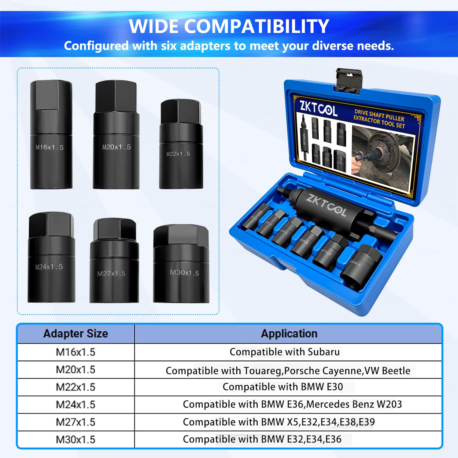 ZKTOOL 7-teiliges Werkzeug zum Entfernen der Antriebswelle, Kompatibel mit BMW, VW und den Meisten Anderen Modellen, mit 6 Adaptern M16, M20, M22, M24, M27, M30