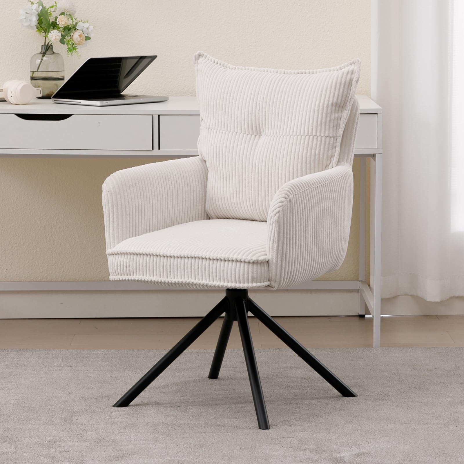 chairus Bürostuhl für Arbeitszimmer Ergonomischer Schreibtischstuhl für Büro Kordsamt 360° Drehstuhl Gepolsterter Schreibtischsessel mit Metallbeine (Weiß)