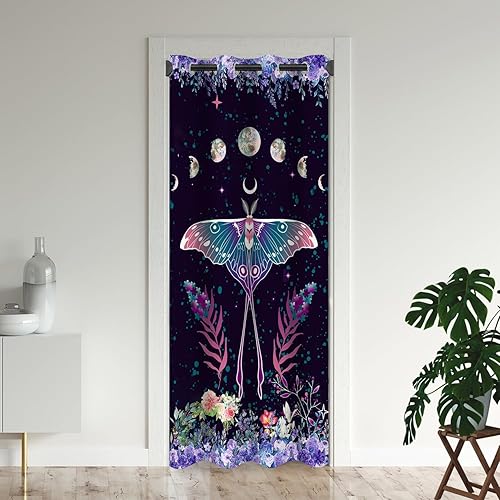 Cortinas opacas de mariposa y fase lunar para puertas, cortinas opacas florales bohemias moradas para armario de dormitorio de niños, ojales con
