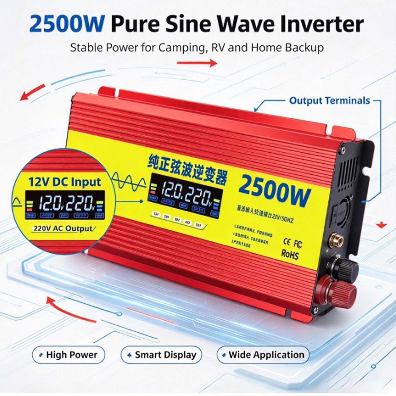 Inversor de onda sinusoidal pura, Potencia pico 1500W,Potencia nominal 800W