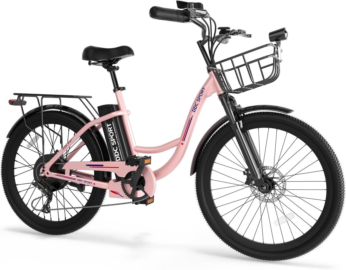 Electric Bike for Adults, Peak 700W Motor 20MPH, 374.4WH Removable Battery 45Miles, 24'' Step Through City Cruiser Ebike for Women/Men/Teens, Commuter E-Bike, 7-Speed, Front Basket