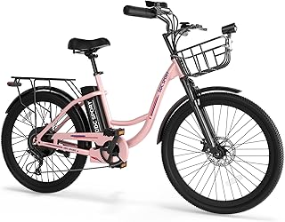 Electric Bike for Adults, Peak 700W Motor 20MPH, 374.4WH Removable Battery 45Miles, 24'' Step Through City Cruiser Ebike for Women/Men/Teens, Commuter E-Bike, 7-Speed, Front Suspension, Front Basket