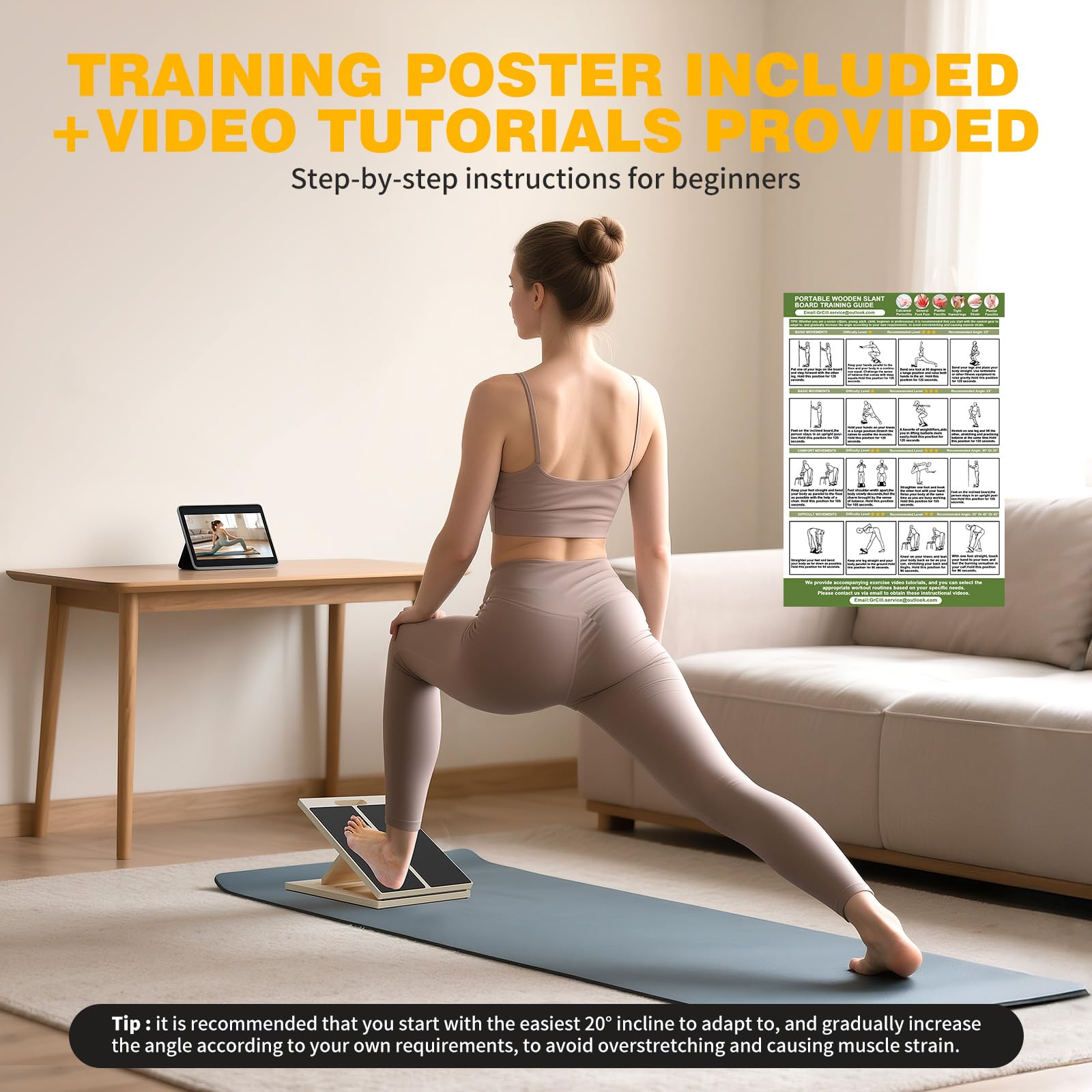 Slant Board for Calf Stretching, Adjustable Portable Wooden Board with 2 Resistance Bands & Training Poster,300 lbs Weight Capacity Calf Stretch Wedge for Legs, Knees & Flexibility Training