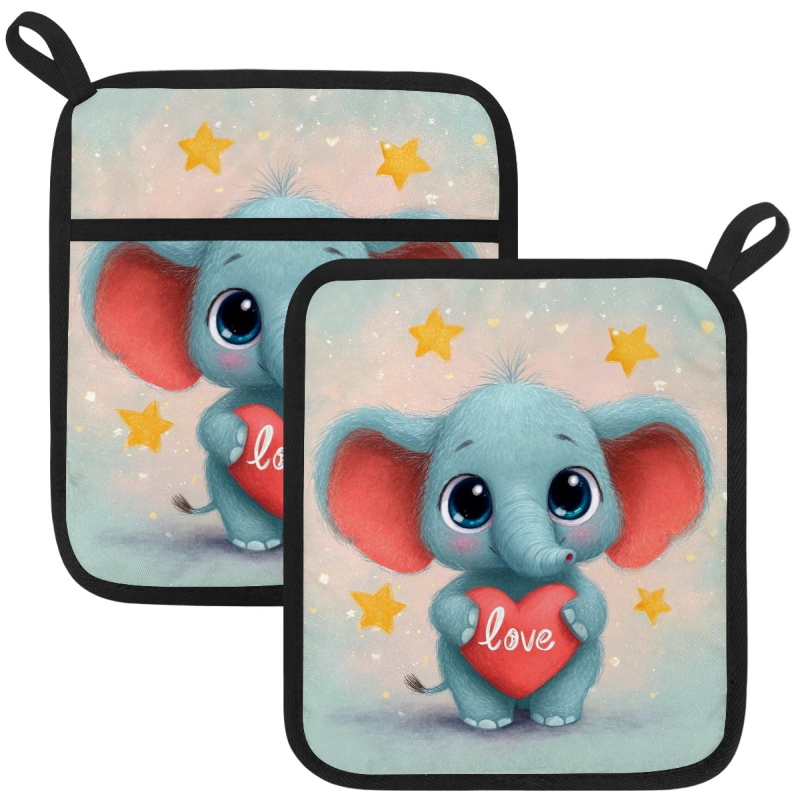 VAPOKF Cute Elephant Heat Resistant Pot Holders, Thick Pot Holders Pad with Hanging Loop for Kitchen, Oven Cloth Pads for Kitchen Baking Microwave Oven