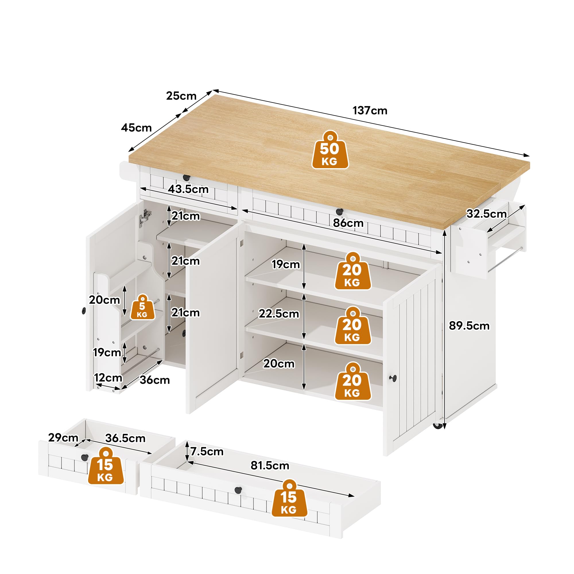 Kebnor Kücheninsel mit klappbarer Arbeitsplatte, Küchenschrank auf 6 feststellbaren Rollen, mit Ablage, Türregal, 2 großen Schubladen und Schrank,137 x 89,5 x 45 cm (Weiß)