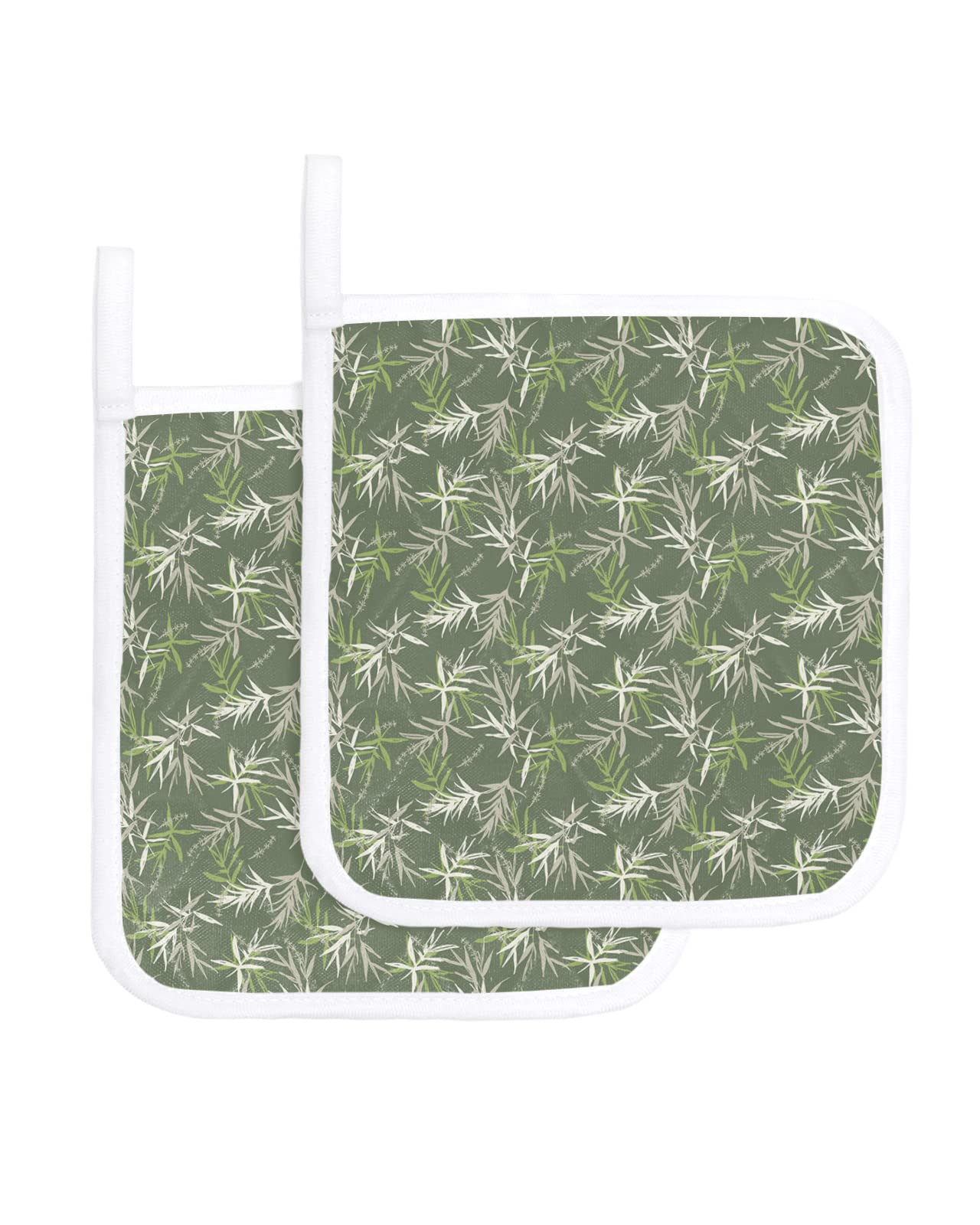 Potholders for Kitchens - Heat Proof Pot Holders Sets (2-Pack, 8.5"x8.25") - Watercolor Artistic Hand Painted Spring Bamboo Green Hot Pads for Kitchen Baking