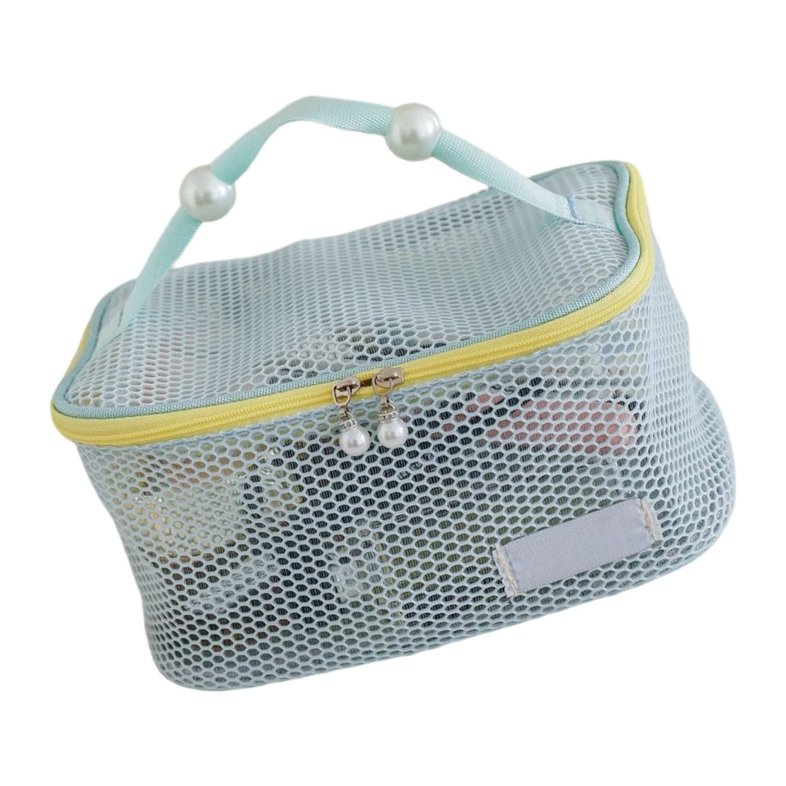 Jazuaiao Blue Stylish Pearls Zippers Cosmetic Storage Toted Meshes Compartments For Skincare Makeup Brushes Travel Accessories Breathable Meshes Nylon Toiletry Bag