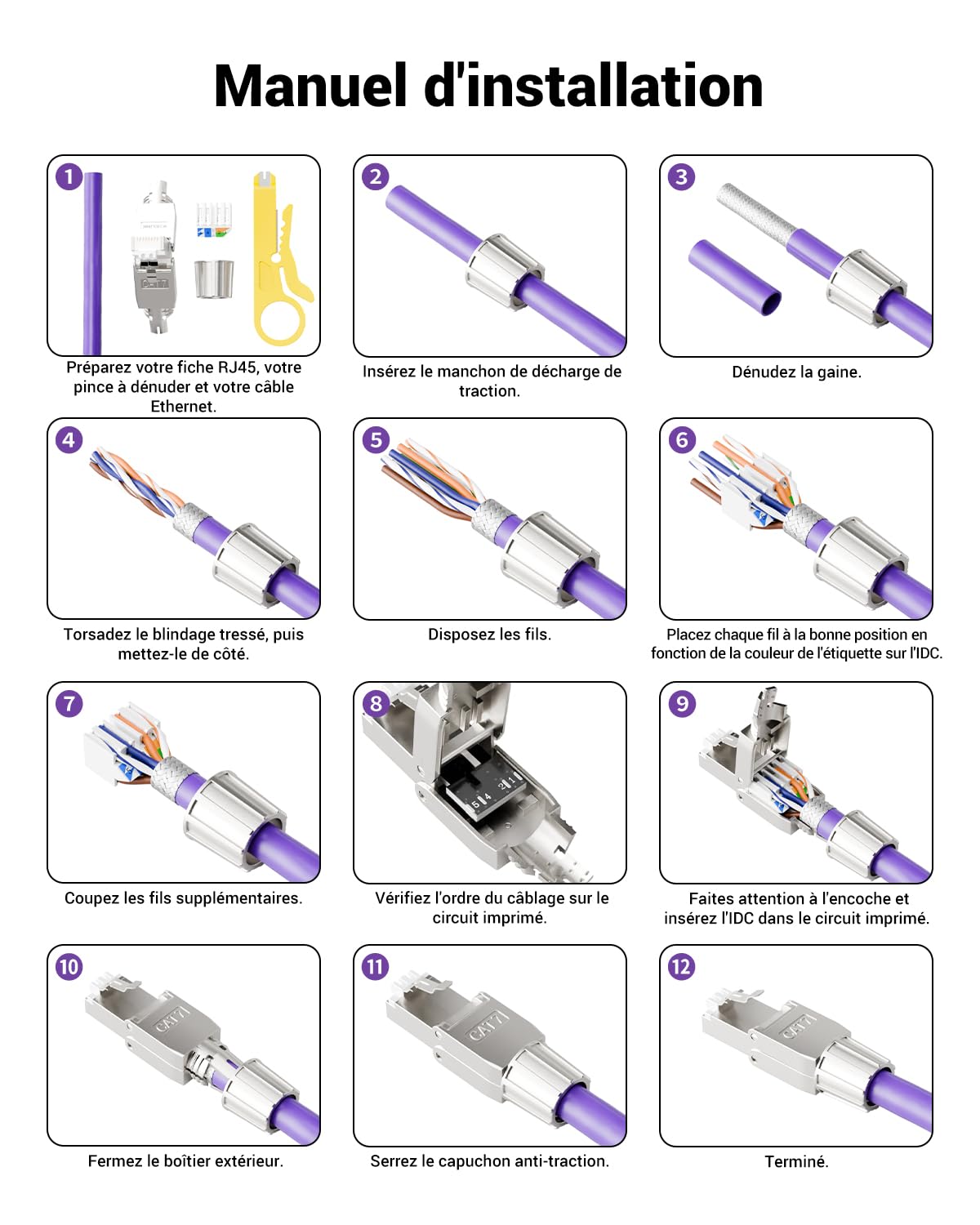 VCELINK Connecteur RJ45 sans Outil Cat7 Blindé, Support PoE, 12 Pièces | 10 Gbit/s 600 MHz, Plaqué Or Fiche RJ45 Blindé pour Câble Cat7 Cat6A Cat6 d'Installation, Prise Réseau Réutilisable