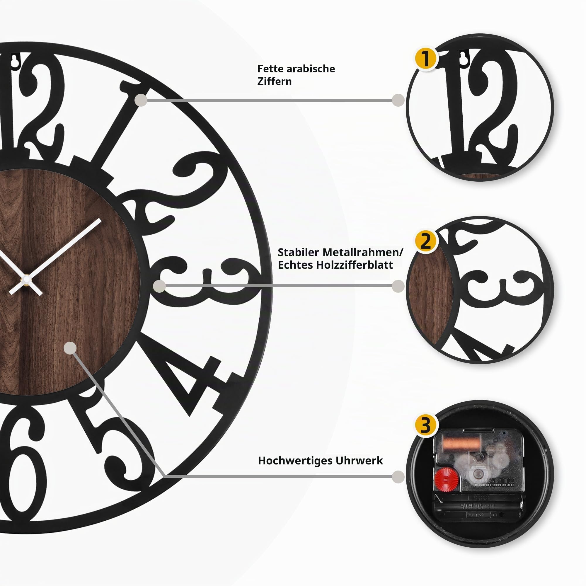 100cm Wanduhr, Leise Vintage Metall Uhr mit Holz-Zifferblatt, Batterie XXL Wanduhr im Landhausstil für Wohnzimmer, Schlafzimmer, Küche, Büro, Wanddeko