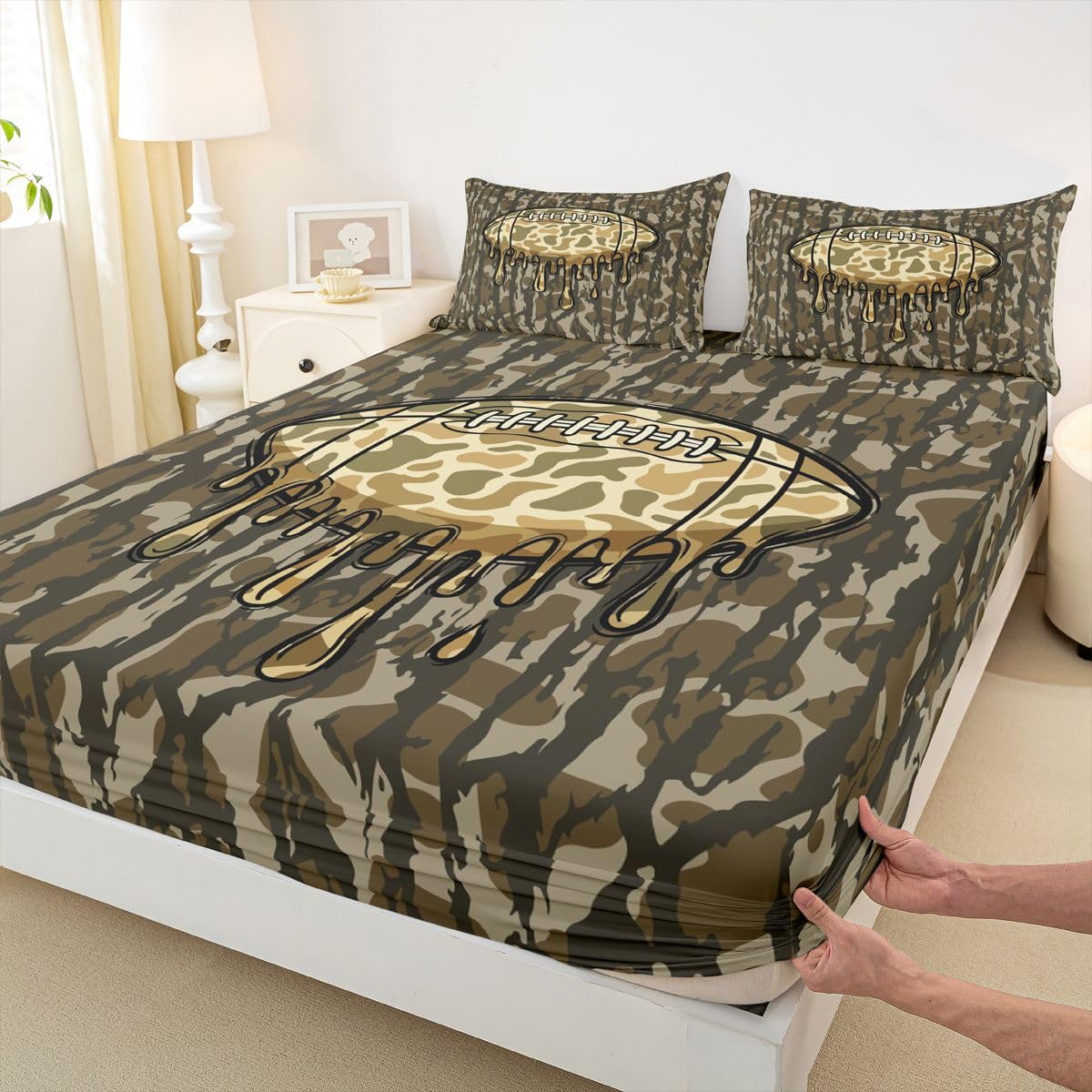 Loussiesd Juego de sábanas bajeras de camuflaje tamaño King para niños y niñas, con bolsillo profundo de 16 pulgadas, microfibra suave y transpirable, estilo militar, con 2 fundas de almohada