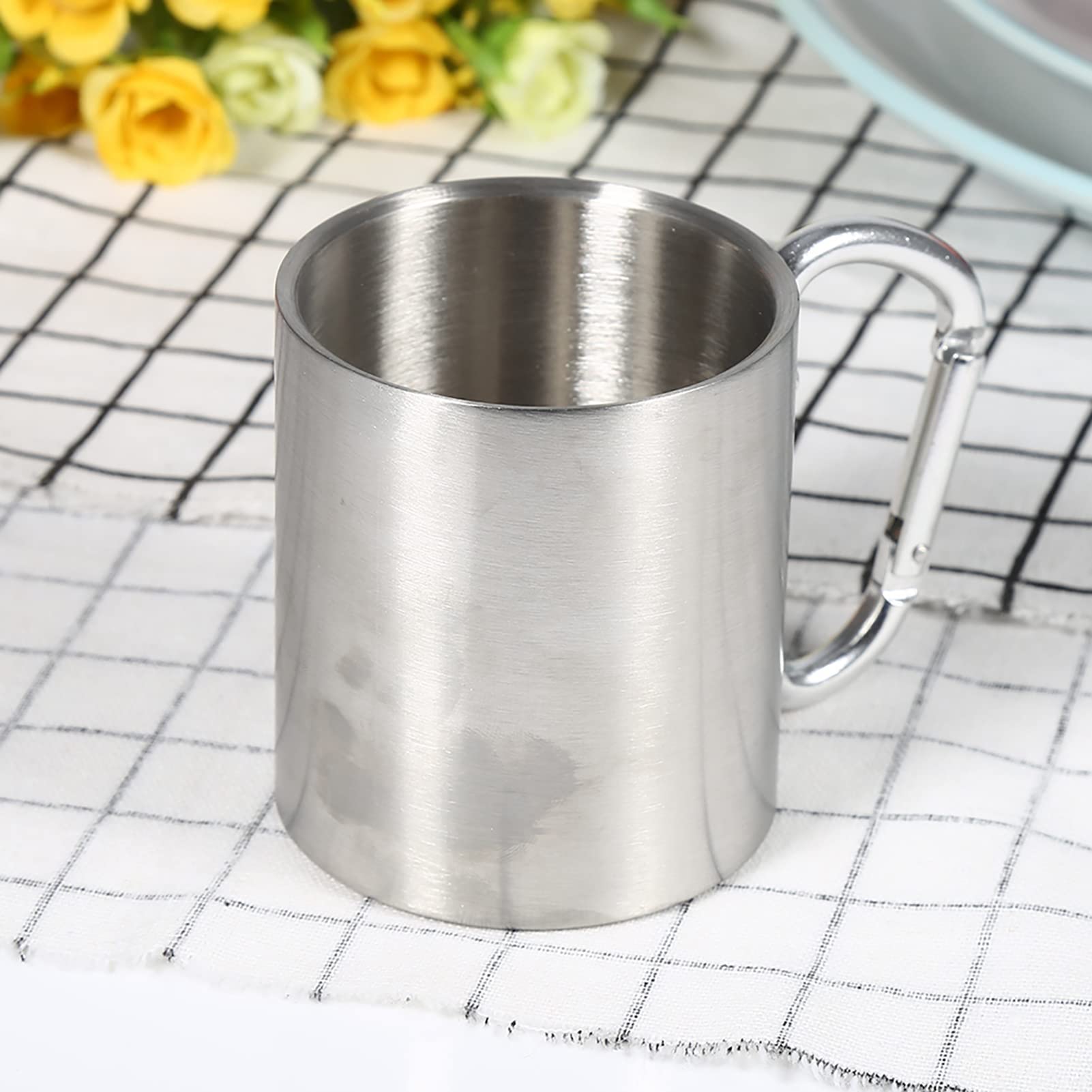 Taza Con Mosqueton, 220ml Taza Portátil de Acero Inoxidable Ideal para Viajes, Camping, Senderismo y Deportes al Aire Libre