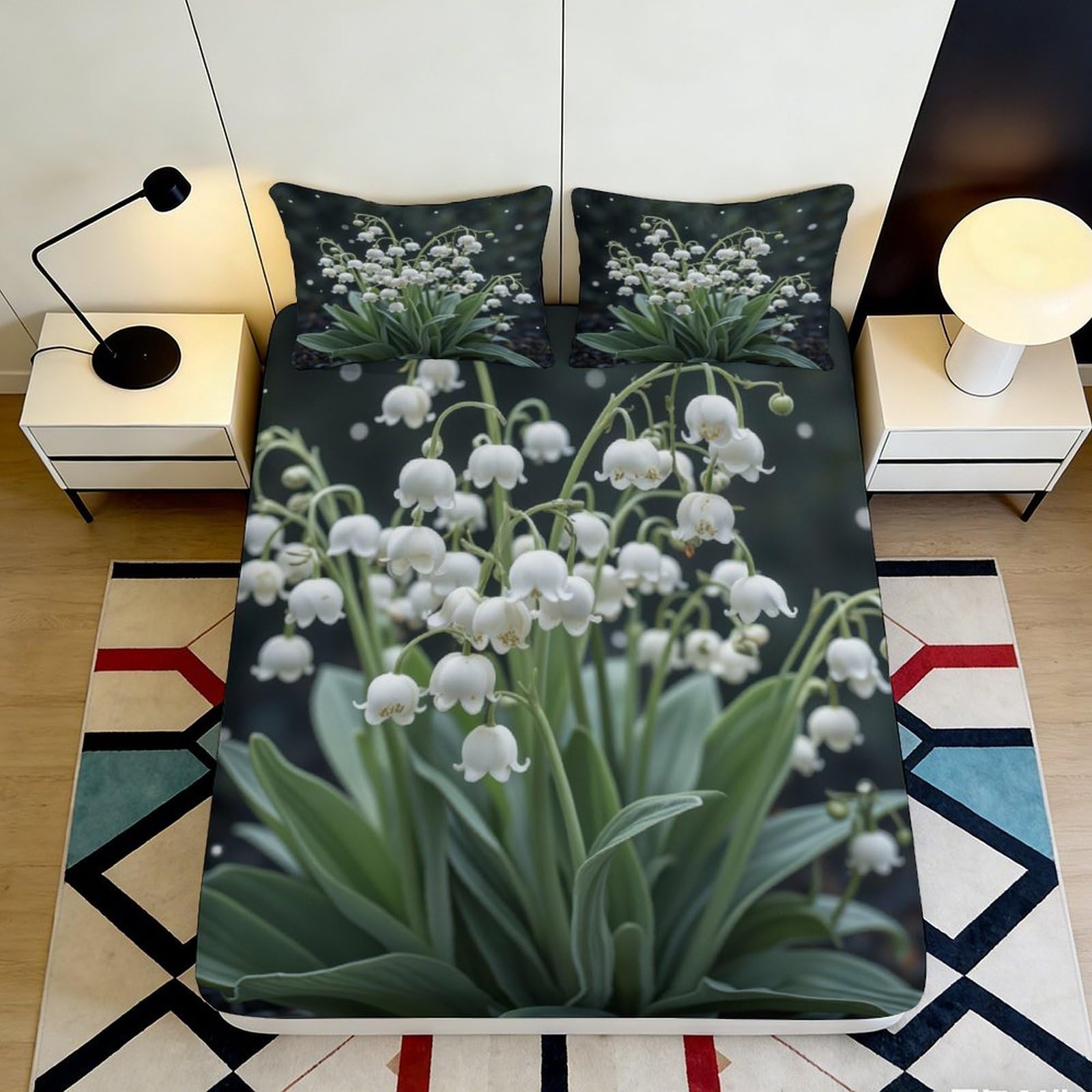 3D Printed Lily of the Valley Fitted Sheet Microfiber Soft Green White Floral Bed Cover for Bedroom Guest Room Mattress Decor 90x200x25cm