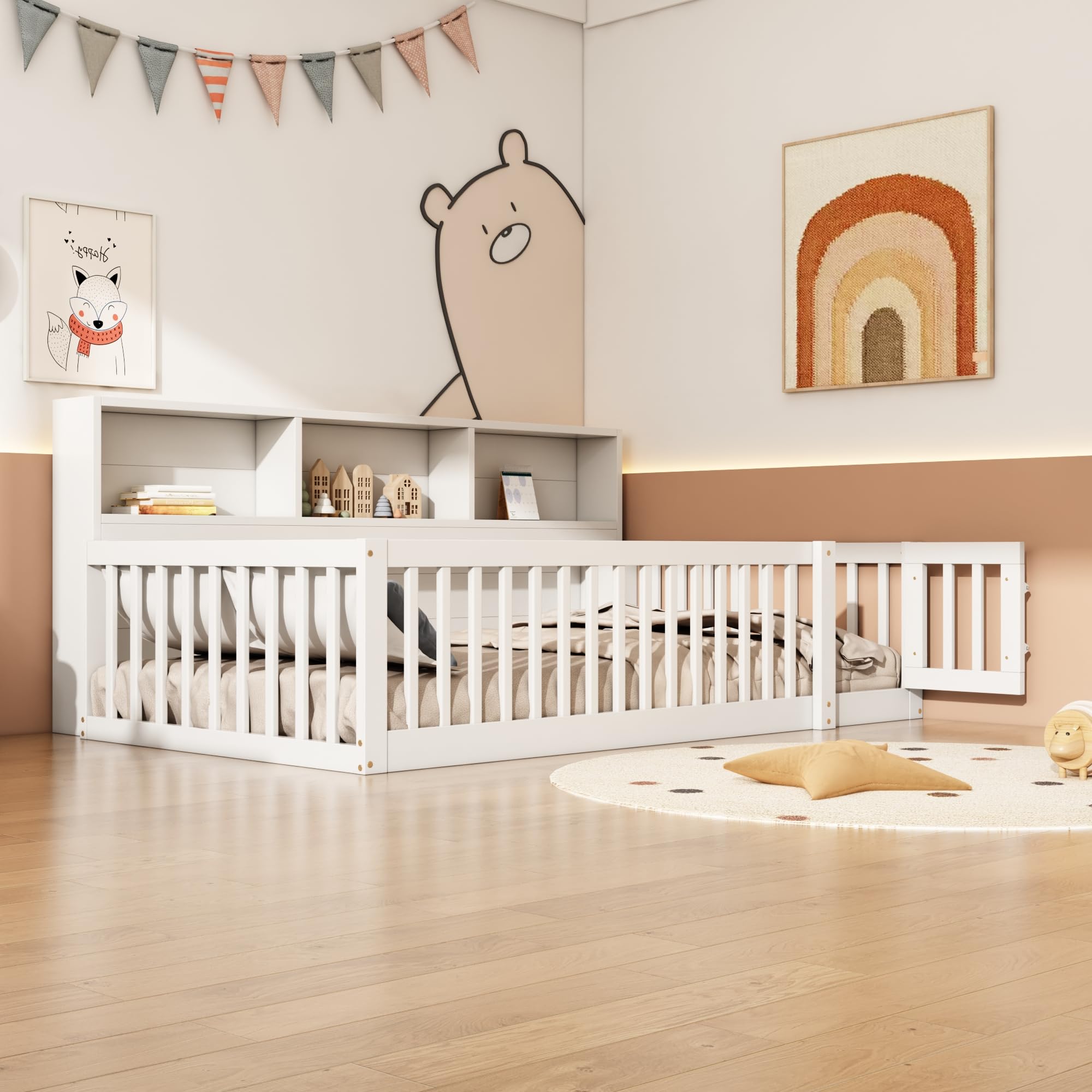 Dolamaní bodembed 90 x 180/200 x 200 cm met lattenbodem, kinderbed bedframe (zonder matras), grenen houten bed voor 2 kinderen (grijs met lattenbodem