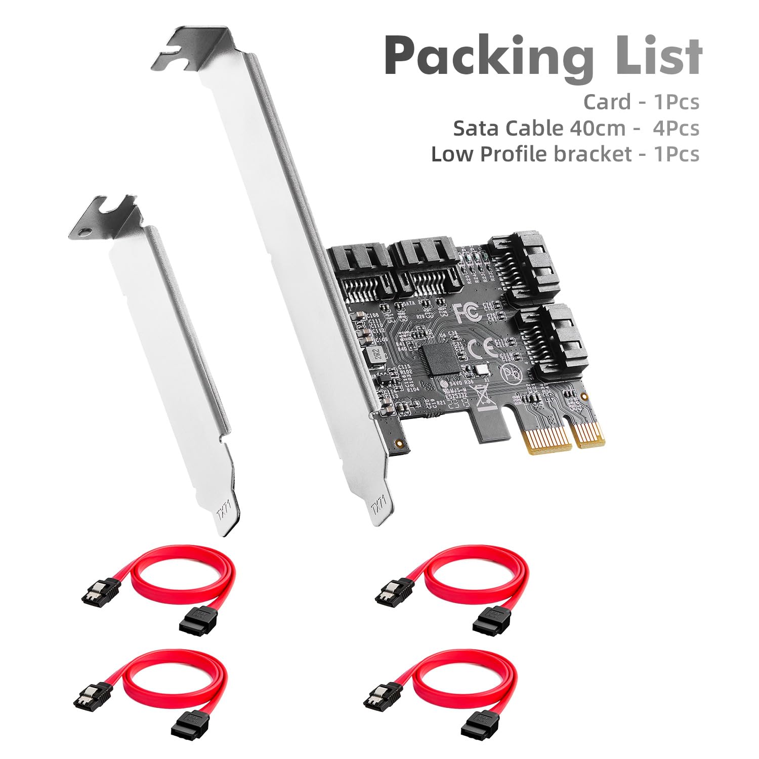 Binardat Tarjeta PCIE X1 a SATA de 4 Puertos, Controlador de 6 Gbps, 4 Cables y Soporte de Perfil Bajo, para Windows 10/11
