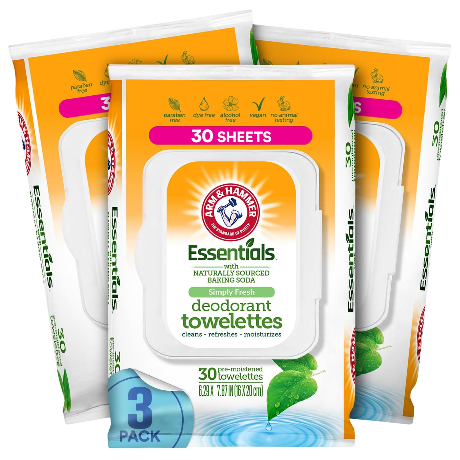 Arm and Hammer 3 Pack Face and Body Wipes for Adults - Deodorant Towelettes 90 Sheets for Women - Shower Wipes for Traveling, Camping, Gym, and