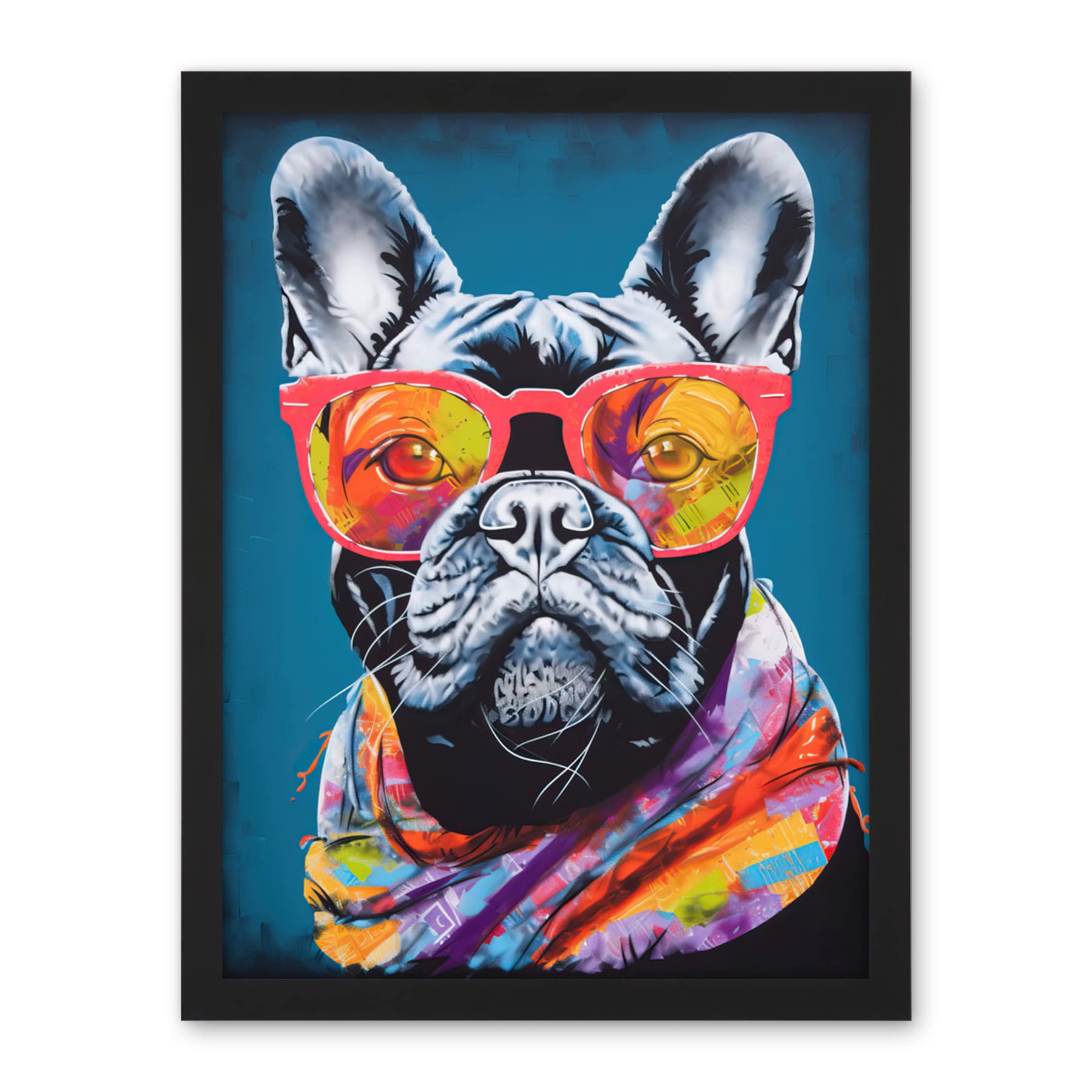 Artery8 English Bulldog with Neon Bandana and Sunglasses Artwork Framed Wall Art Print 18X24 Inch